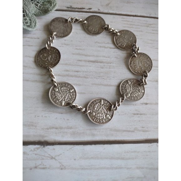 Vintage British Three Pence Silver Coins Dating 1873-1934 Bracelet No Clasp READ - Picture 3 of 10